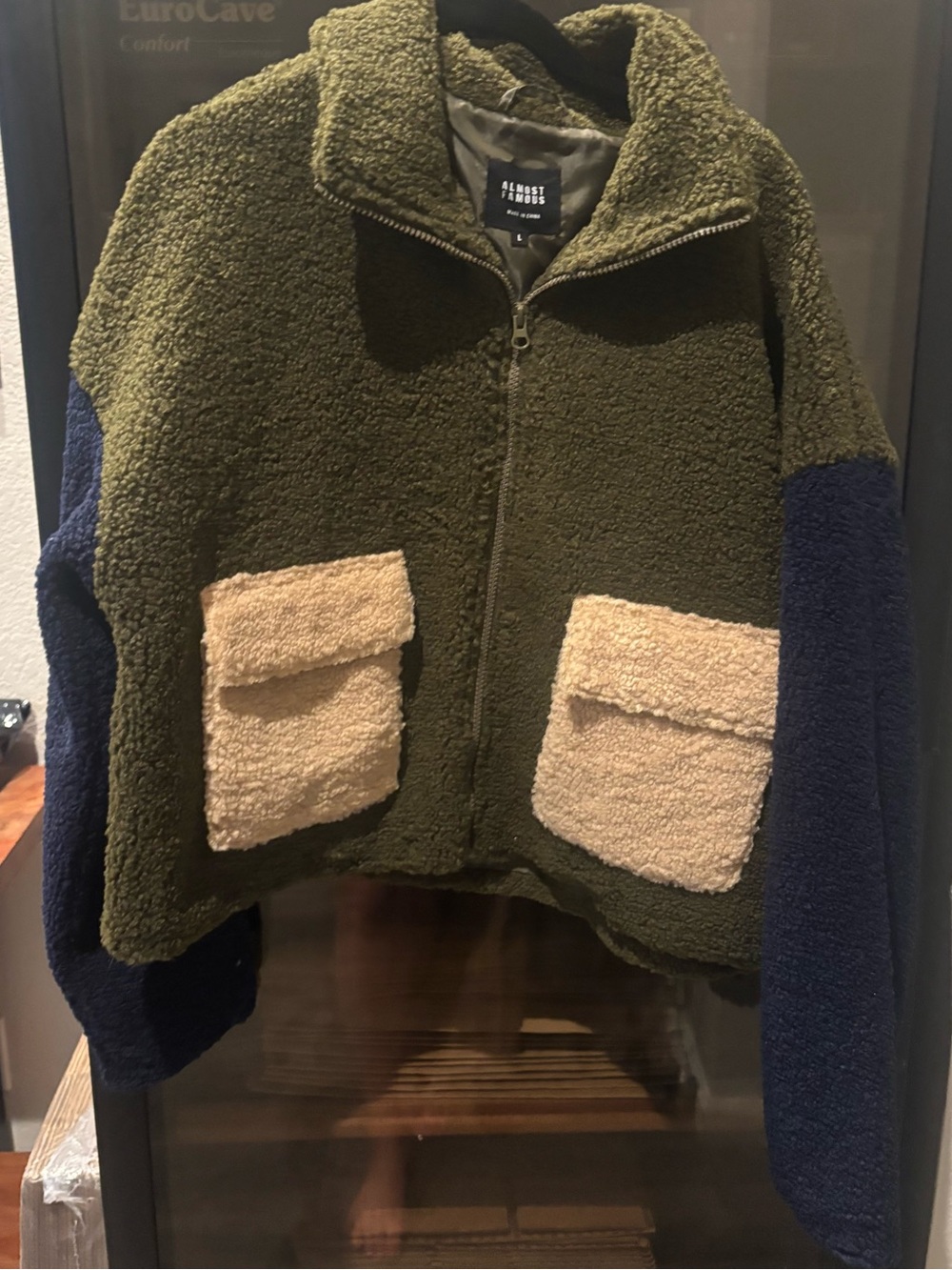 Almost Famous Olive Green Sherpa Jacket with Navy Sleeves and Cream Pockets